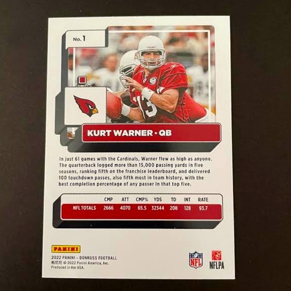 Kurt Warner: Arizona Cardinals, Quarterback 2022 Panini Donruss Football #1 - Picture 2 of 2